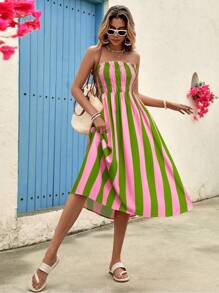 Vivid Eden Women's Two-Tone Striped Print Spaghetti Strap Midi Dress, Summer Vacation,Women Summer Clothing,For Beach Vacation,Bohemian Clothes,Dresses For Women Summer - Pink - View 5