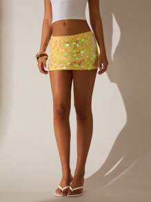 Glamine Women's Solid Color Sequin Decor Fitted Mini Yellow Skirt Women Bottoms Women Summer Clothing - Yellow - View 8