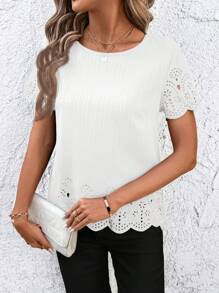 SHEIN Clasi Women Casual Solid Color Short Sleeve Embroidered Blouse, Spring/Summer