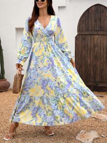 EMERY ROSE Women's Plant Print Wrap Waist Midi Dress Maxi Women Outfit Fall Cloth For Women