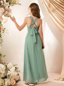 少女法式腰带 A 字裙，派对婚礼优雅花童伴娘度假连衣裙 - 綠色 - 查看 2