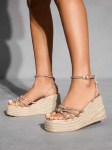 CUCCOO SZL Women's Platform Wedge Sandals With Diamante Straps And Rope Details - Baby Pink - View 2