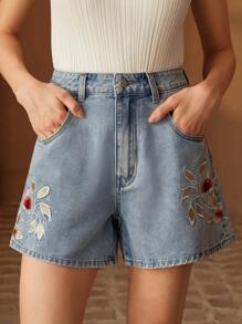 Anewsta Fashionable Niche Embroidered Denim Shorts For Women - Blue - View 3