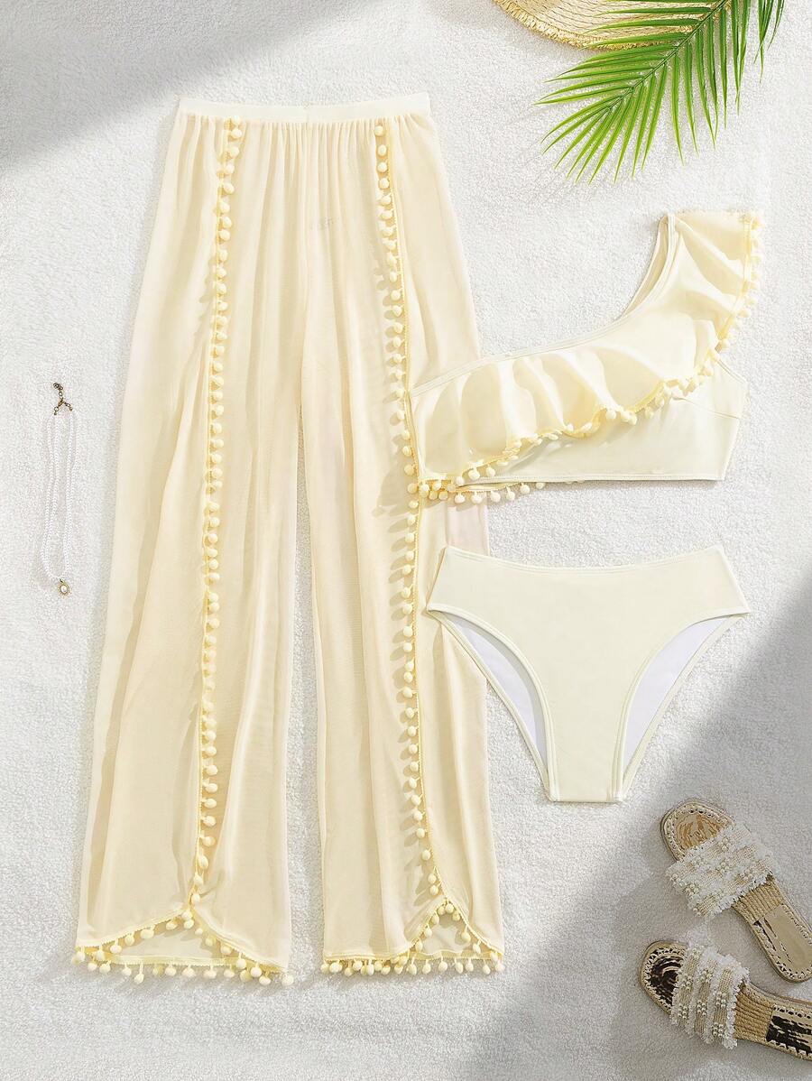 Women's Ivory Beach Vacation Ruffled Shoulder Bikini Set With Pants For Summer - Beige - View 1
