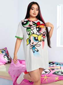 THE POWERPUFF GIRLS X SHEIN Plus Size Loose Nightgown Featuring Spring Summer Street Cowboy Music Festival Sweet Spicy Y2K 90s Retro Boho Vacation White Cartoon Blossom Bubbles Buttercup Graffiti Comics Star Printed Pattern, Moo Moo Night Dress - White - View 5