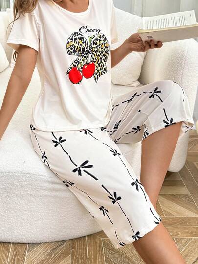 SHEIN Conjunto de pijama de manga corta y pantalón corto con estampado de leopardo y lazo decorativo - Conjunto de pijamas de verano para mujer