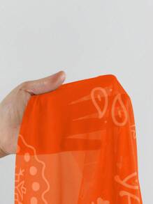 SHEIN Swim Women's Summer Flower Print Halter Tie Sexy Bikini Set Swimsuit With Cover-Up Skirt - Orange - View 5