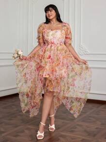 Flirla 加大码方领短袖泡泡袖夏季度假连衣裙，花卉印花荷叶边下摆浪漫优雅可爱海滩派对俱乐部长裙女式