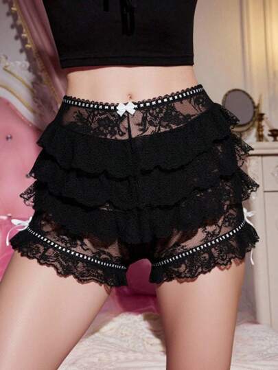 Goth Pantalones cortos de pijama con detalles de encaje y lazo en estilo gótico lolita