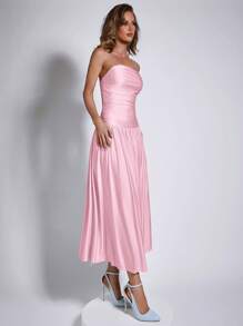 COSMINA Elegant Women's Ruched Blue Mid-Length Strapless Dress, Spring/Summer - Baby Pink - View 6