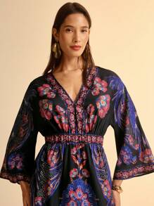 CAJUNI Abito lungo da donna stile boho con stampa vintage di uccelli tropicali e fiori, scollo a V e schienale scoperto - nero - Visualizzare 6
