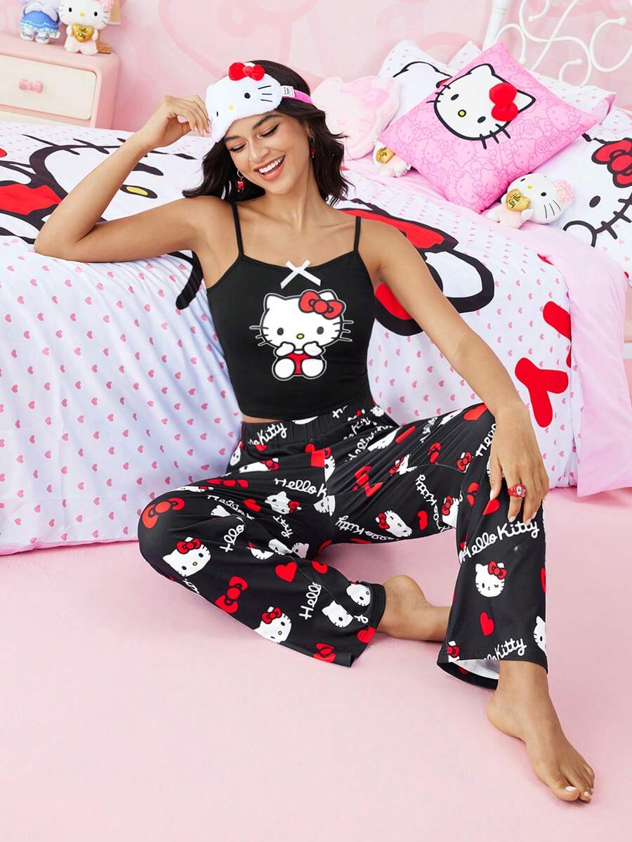 HELLO KITTY AND FRIENDS | SHEIN 女士夏季可爱卡通印花撞色蝴蝶结吊带背心和长裤睡衣套装 - 黑色 - 查看 1