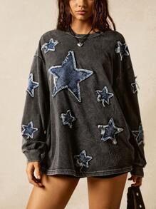 Easelle Sweatshirt Wanita Motif Rave Festival Retro dengan Bordir Patch Bintang Lima dan Bahan Water Washed, Kaos Lengan Panjang Kasual - Hitam - View 5