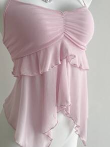 Sweetra Camiseta asimétrica con volantes sexy al estilo Y2K