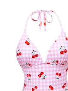 Swim Mod 女士可爱时尚度假风格格子水果随机印花吊带露背连体泳衣 - 彩色 - 查看 4