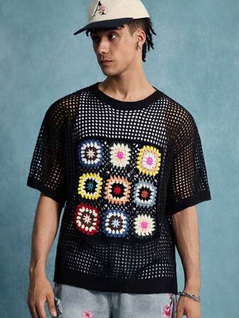 Street Life Jersey cuello redondo retro para hombre con patchwork y tartán abuela, moda