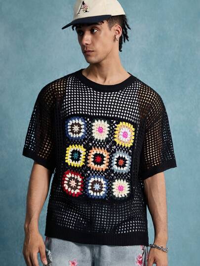 Street Life Men's Retro Crew Neck Patchwork Plaid Sweater, Fashion