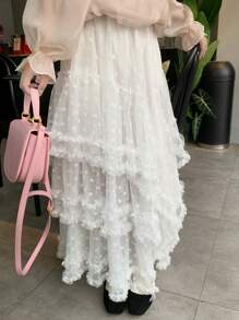 DAZY Jupe asymétrique à panneaux en maille blanche et dentelle, élégante - Blanc - Voir 3