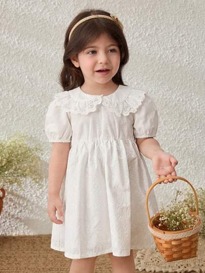 Blossori 女宝宝乡村风格白色棉质刺绣泡泡袖连衣裙