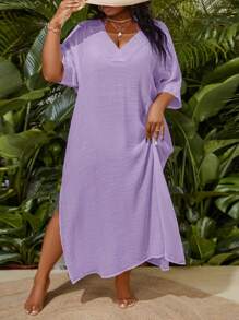 Slaydiva Plus Size Vacation Beach Solid Color Side Slit Cover-Up Dress For Summer - Mauve Purple - View 3