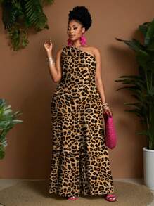 Maweii Plus Size Women Leopard Print Sleeveless Wide Leg Jumpsuit
