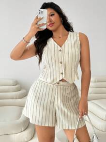 SHEIN EZwear Plus Size Striped Sleeveless Vest & Shorts 2 Pieces Set In Fall/Winter - Multicolor - View 8