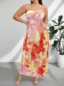 Firerie Großen Größen Damen Elegantes Lässig Kleid für Sommerurlaub Strand/Date, ärmellos A-Linie weites Maxikleid mit Bindegürtel in Orange Farbverlauf Blumenmuster