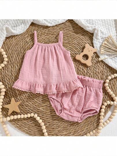 Loomiva Newborn Baby Girl 2pcs Solid Color Camisole Top And Elastic Waist Shorts Set