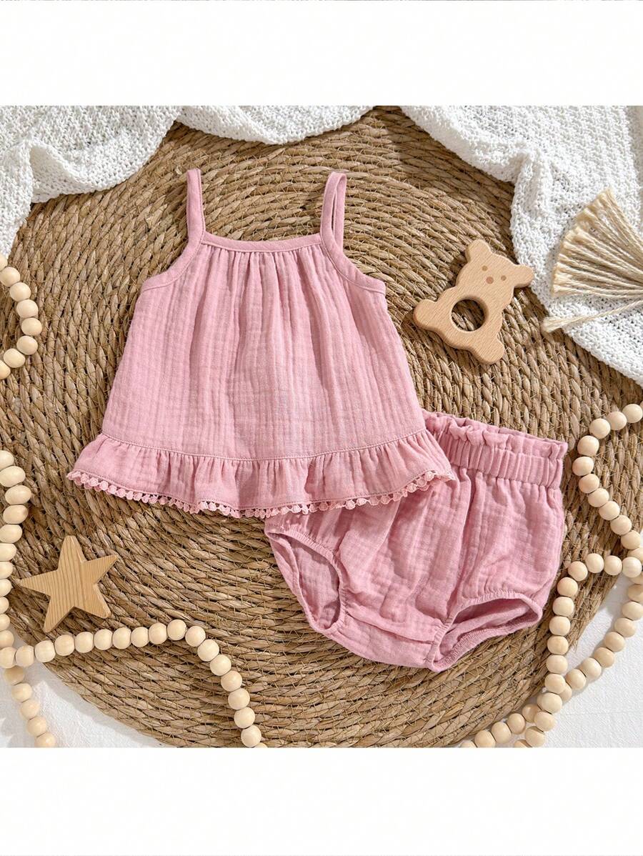 Loomiva Newborn Baby Girl 2pcs Solid Color Camisole Top And Elastic Waist Shorts Set,Kids - Baby Pink - View 1