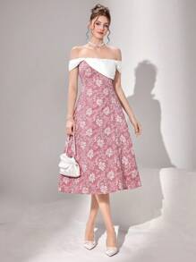 Modelyn Damen elegantes Kontrastfarben Jacquard Off-Shoulder Midi-Kleid, Sommer - Pink - Übersicht 4