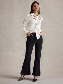 Briarwyn Blusa de manga larga con bajo curvo y encaje de contraste de unicolor, para primavera/verano, verano y playa, 4 de julio, aeropuerto - Albaricoque - Ver 6