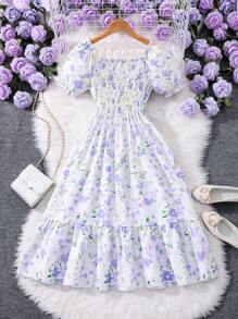 Vestido de manga corta con estampado floral y decoración de lazo para niñas preadolescentes