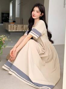 DAZY Women's Casual Holiday Colorblock Striped Dress,Teacher Outfits - Beige - View 4