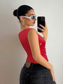 EgrlEra 女士方领全亮片闪光吊带背心 - 紅色 - 查看 2