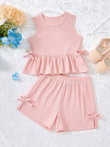 Conjunto de top sin mangas y shorts con lazo en color rosa elegante y minimalista para niñas, adecuado para vacaciones y actividades al aire libre - Rosa - Ver 4