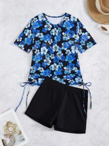 Swim Lushoire Bộ đồ bơi Lushore 2 món/bộ cho nữ đi biển mùa hè họa tiết hoa cổ tròn tay ngắn và quần short trơn bikini - Nhiều màu - Xem 6