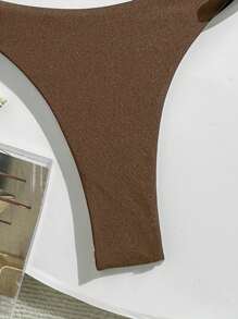 Swim Chiccia 2 Stücke Einfarbiger Draht-BH Cami Top mit Perlen Deko und seitlich gebundenen String Bikini Unterteil Set, Frauen Bademode für Strandurlaub im Sommer - Kaffeebraun - Übersicht 4