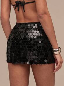 SHEIN BAE Women's Black Sequin Mini Skirt: Dazzling Party Skirt With Woven Fabric And Zipper Detail - Black - View 6