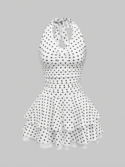 Grunge Punk Vestido corto y ajustado con tirantes finos, estampado de lunares blanco y negro, estilo moderno retro Y2K
