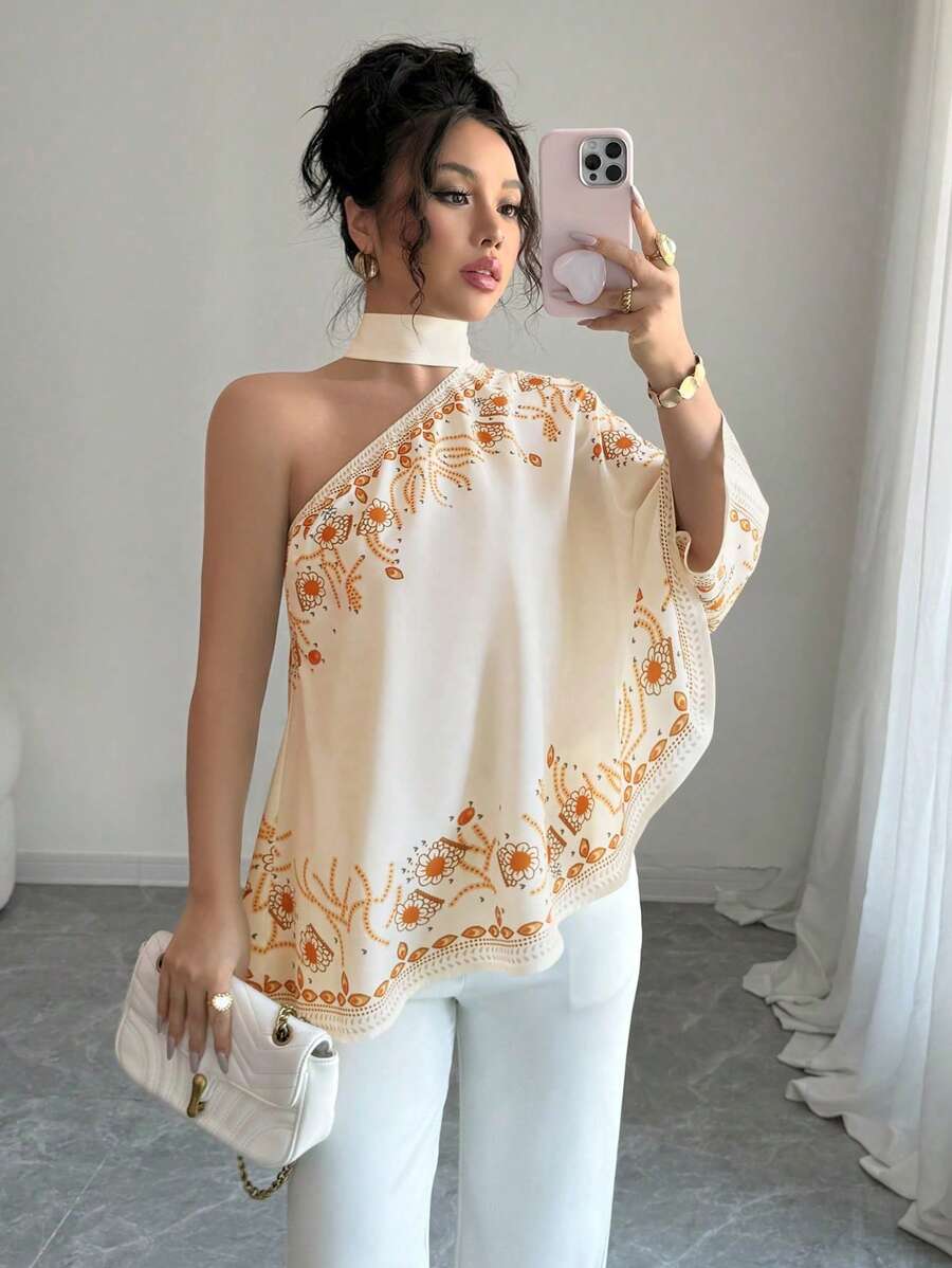 SHEIN Unity 女式优雅印花蝙蝠袖不对称下摆系带衬衫 - 杏色 - 查看 1