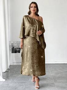 SHEIN Essnce Ținute de vacanță pentru femei de primăvară și vară pentru ziua Îndrăgostiților Rochii pentru femei Rochii de zi de naștere pentru femei Rochii de femei elegante cu umăr în afara rochii de aniversare pentru femei Vacanță Rochie pentru invitați la nuntă Tinute de croaziera pentru femei Tinute de vacanță Fairycore Femei Rochii modeste pentru femei Ținută de concert Rochie fluidă pentru femei Rochie modestă Topuri de clasă Nouă modă Naveta elegantă, auriu, sexy, rochie cu bretele cu coadă de pește, set asymetric - Aur - Vizualizare 5