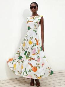 Aveloria Modichic 优雅淑女风无袖收腰低腰褶皱荷叶边下摆水果花卉印花连衣裙，适合通勤