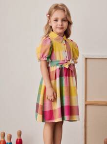 PrepCrw Vestido camisa con cinturón con estampado de cuadros de colores para niña, estilo escolar