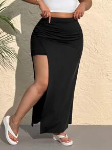 SHEIN EZwear Falda larga simple de talla grande para mujer con unicolor y abertura lateral