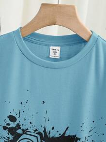 SHEIN 青少年男孩电子游戏图案印花短袖 T 恤和短裤两件套睡衣套装 - 藍色 - 查看 3