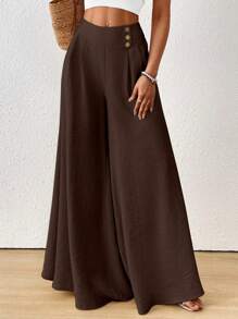 SHEIN Raffinéa Fall Women Clothes Women's Solid Color High-Waist Button Accent Pleated Wide-Leg Loose Pants - Coffee Brown - View 5