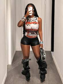 Slaydiva 2025 Summer New Style For Birthday Parties, Graduation Season, Student Wear, Daily Outings, Basic And Versatile, Leisure, Vacation, Cruise Travel, Beach, Seaside, Sunbathing, Popular Online Style, Street Style, Abstract Brushstroke Prints, Round Neck Sleeveless Tight-Fitting Short Summer Top, Women's Top - Multicolor - View 6