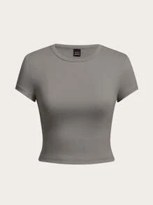 SHEIN Tall CURVE 加大码四件套纯色短款圆领短袖修身女式T恤上衣，适合夏季情人节穿着 - 彩色 - 查看 6