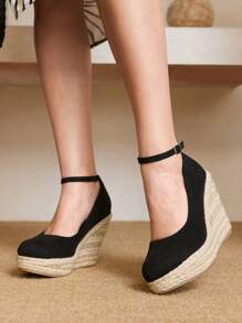 Styleloop Women's Fashion Black Suede Material Ankle Strap Rope Sole Casual Low Vamp Waterproof Platform One-Buckle Wedge Heel Pumps, Versatile For Commute, Date, Party, Holiday, Music Festival, Bohemian Style - Black - View 3