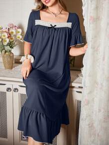 SHEIN 女士休闲蕾丝拼布方领泡泡袖宽松长款睡袍，Moo Moo - 藏蓝色 - 查看 6